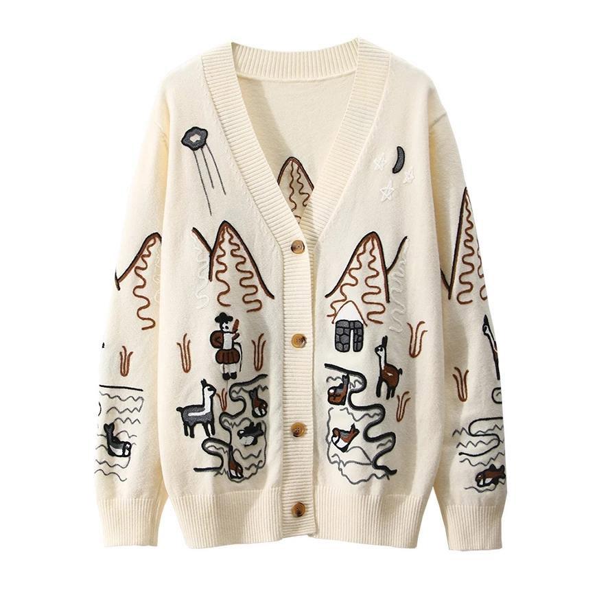 Embroidery V-Neck Oversized Cardigan Long Sleeve Single Breasted Button Knitted Sweater