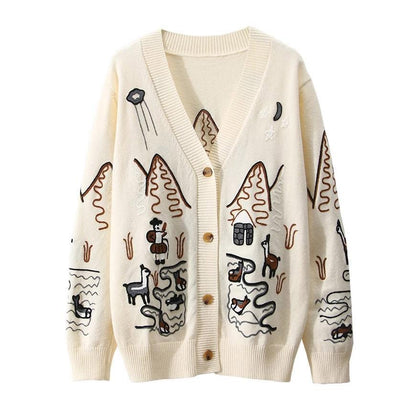 Embroidery V-Neck Oversized Cardigan Long Sleeve Single Breasted Button Knitted Sweater