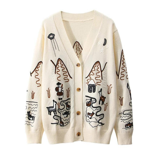 Embroidery V-Neck Oversized Cardigan Long Sleeve Single Breasted Button Knitted Sweater