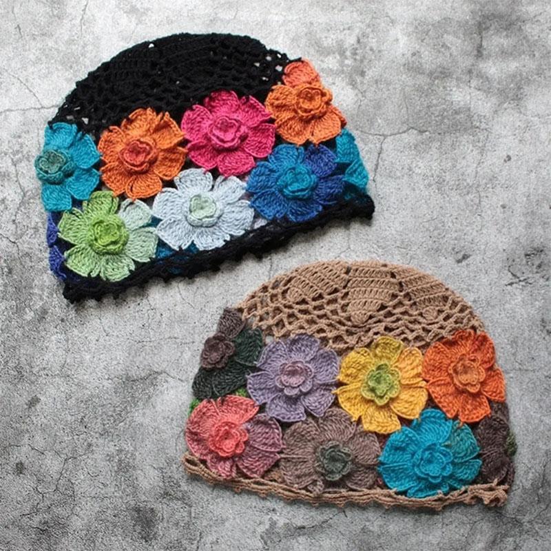 Gradient Stereo Flower Bag Head Hat Woman National Handmade Crochet Knit Hat Openwork Towel Hat