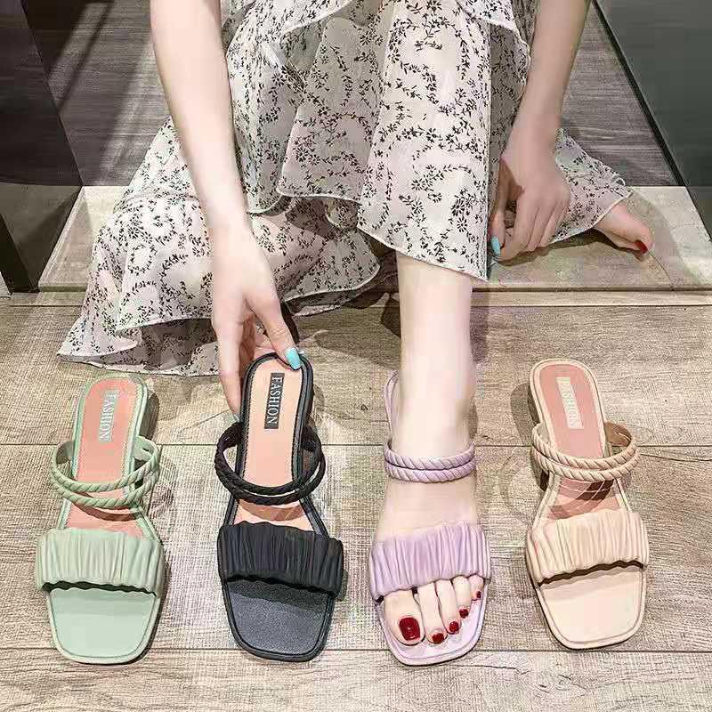 Square-toe Wedges Slippers Sandals Two-wear All-match Student Soft-soled Non-slip Beach Shoes Half Slippers It's A Little Bit Smaller