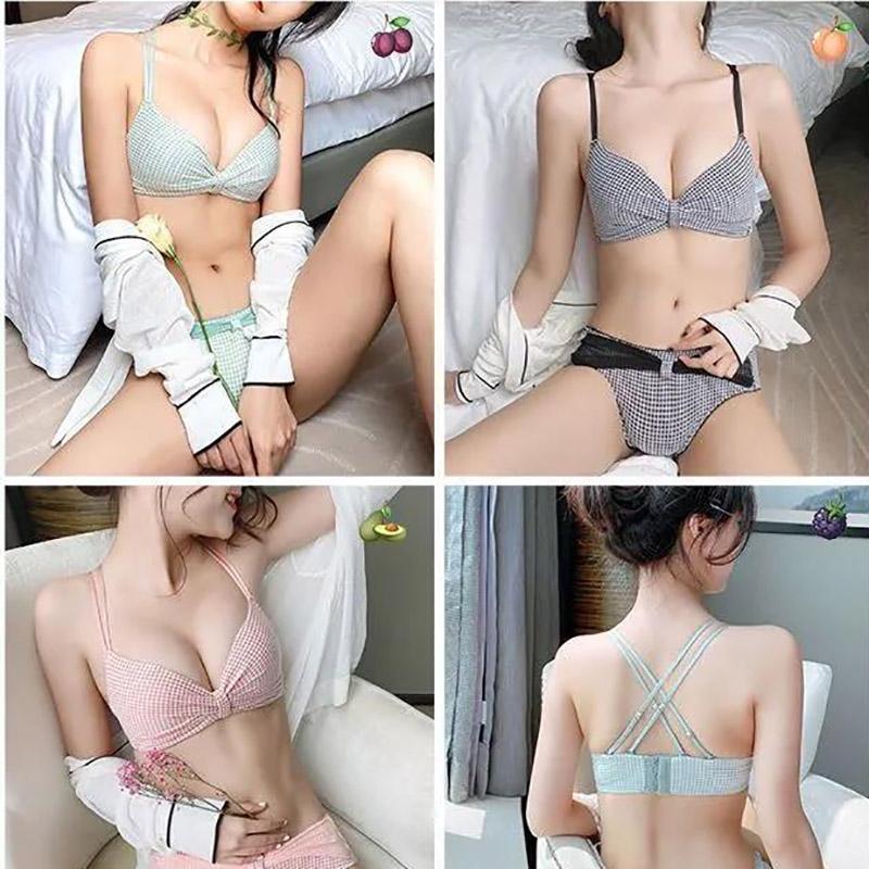 Japanese Girl Style Sweet Small Fresh Small Chest Gathered Without Steel Ring Lovely Lattice Bra Beautiful Back Bra