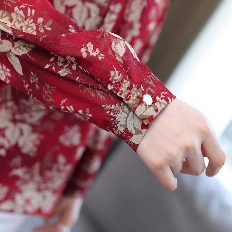 Floral Chiffon Shirt Shirt Ladies Mom Long Sleeve Top Covering Meat Foreign Style Commuter