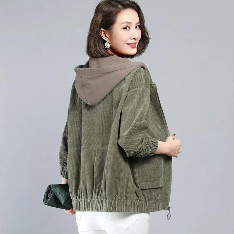 Corduroy Short All-match Hooded Loose Coat Women's Spring and Autumn Korean Plus Size Female Thin Top All Match Short Outerwear