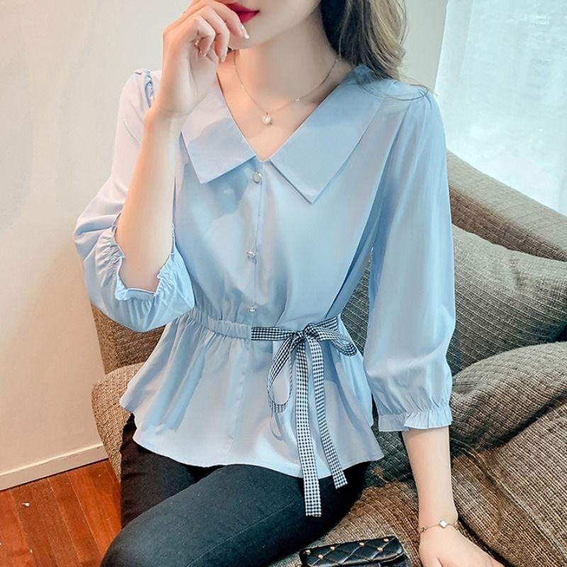 Doll Collar Shirt Women's Summer Lace Waist Cover Belly Shirt Three-quarter Sleeves