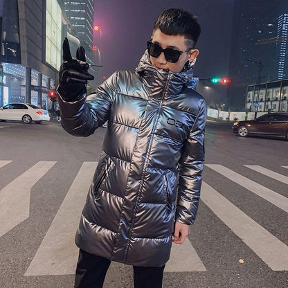 Winter Fashion Trend Glossy Cotton Coat Men's Mid-length Thick Slim Fit All-match Comfortable Jacket