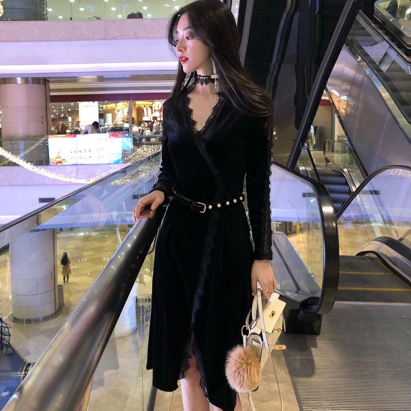 Spring and autumn sexy lace skirt plus size Slim V-neck long dress wild black dress women