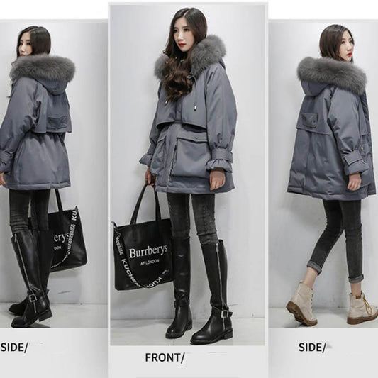 Women's Mid-length Down Padded Jacket Loose and Thick Large Fur Collar Padded Jacket