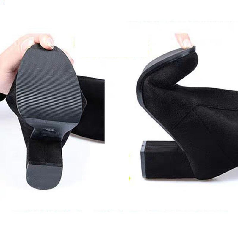 Black Elastic Flock Slim Fit Over The Knee Boots Women Autumn Winter Ladies High Heel Plus Velvet Thigh High Boots Chunky Heel Suede Boots