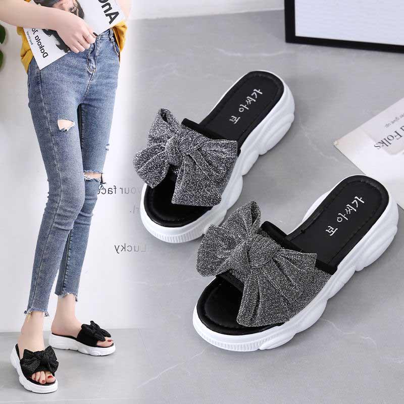 Size 35-40 Summer Women All-match Bow Slippers Outdoor Pearl High Heels Sandals Bohemian Beach Wear-resistant Non-slip Slippers Wedge Platform Sandals