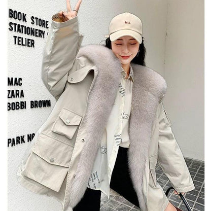 Parker Overcome Women's Detachable Imitation Fox Large Fur Collar Plush Liner Short Faux Fur Jacket Women's Warm Loose Large Size Cotton Jacket