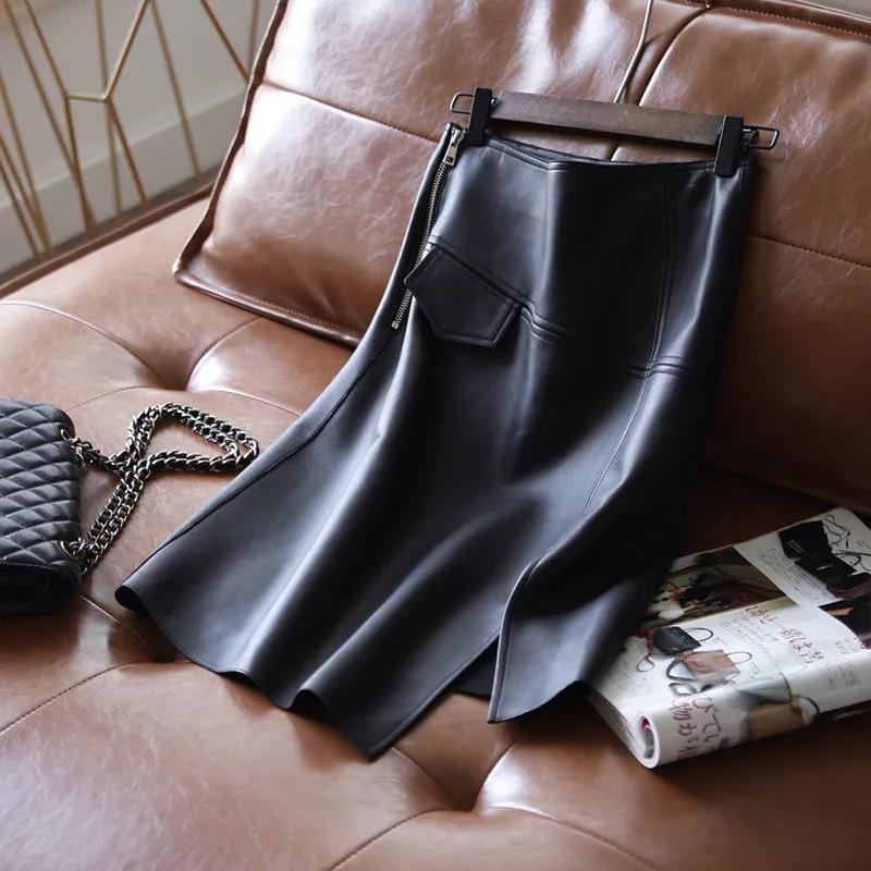 Design Skirt Women's High Waist Irregular Side Slits Slim Slimming Hips Mid-length All-match PU Leather Skirt