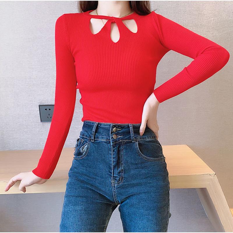 Autumn and Winter Korean Version of Slim Sexy Pullover Sweater Slim Bottoming Sweater Women's All-match Lining Round Neck Hollow Sweater