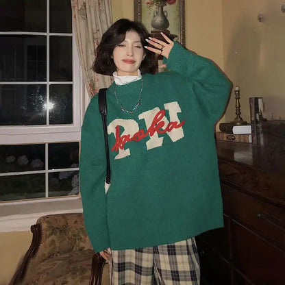 Letter Jacquard Sweater Men and Women Spring and Autumn Round Neck Lazy Style Pullover Sweater Student Autumn and Winter Jacket Tide