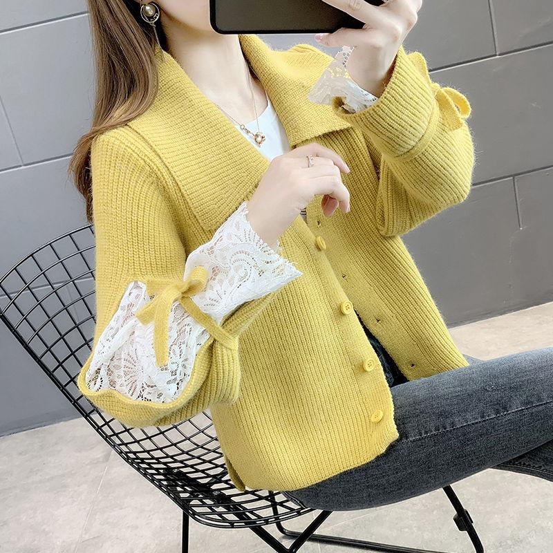 Spring and Autumn Cardigan Solid Color Sweater Lapel Short Outer Jacket Sweet Style Female Jacket
