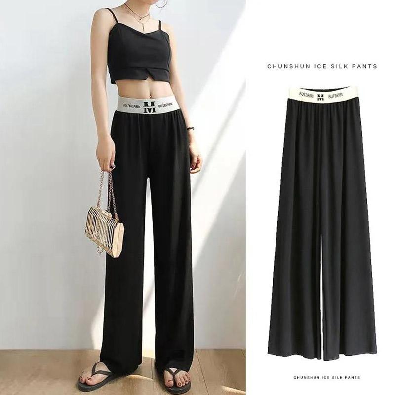 Ladies Ice Silk Wide Leg Casual Pants Summer Thin High Waist Straight Loose Thin Large Size Black Cool Stretch Pants