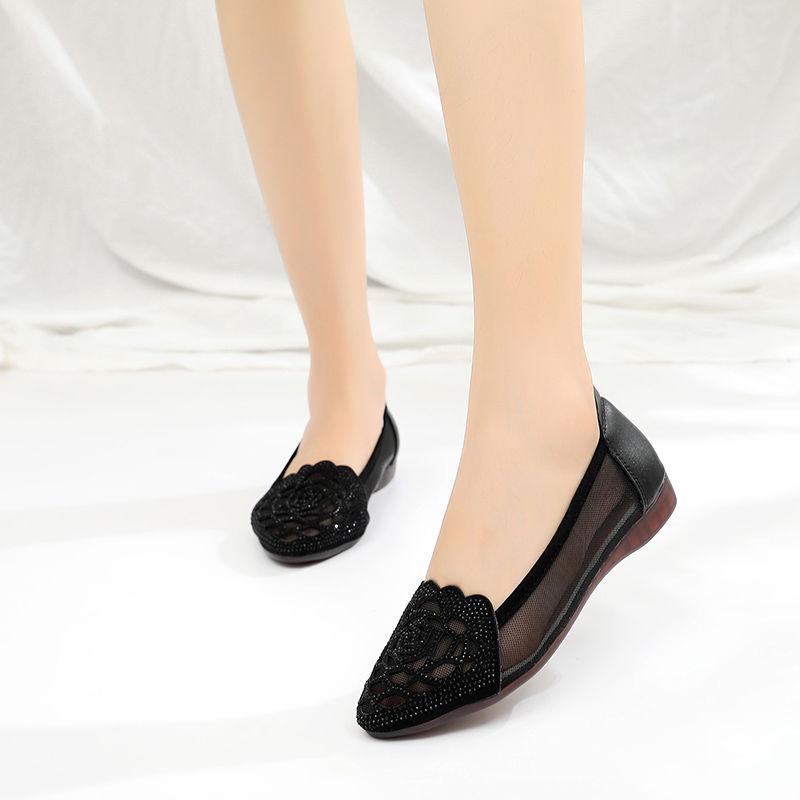 Baotou Sandals Women Summer Leather Flat Women Hollow Mesh Thick Heel Women's Shoes Rhinestone Mother Shoes