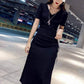 Pofulove S-XL Women Short-sleeved Split Drawstring A-line Dress Sexy Long Knit V-neck T-shirt Dress