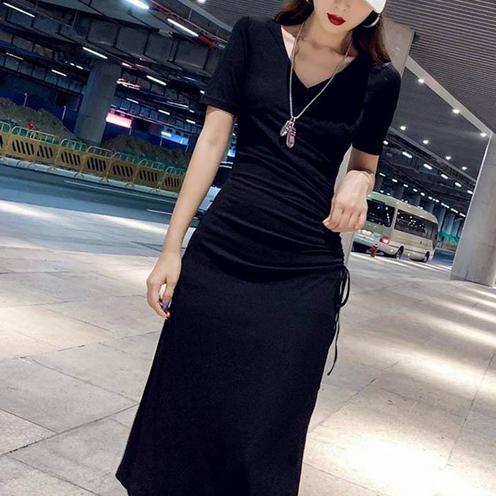 Pofulove S-XL Women Short-sleeved Split Drawstring A-line Dress Sexy Long Knit V-neck T-shirt Dress