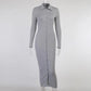 Women's Party Dress Button Knit Dress Autumn and Winter Slim Long-sleeved Long Skirt and Ankle V-neck Tight-fitting Sexy Dress Ladies Split Hem