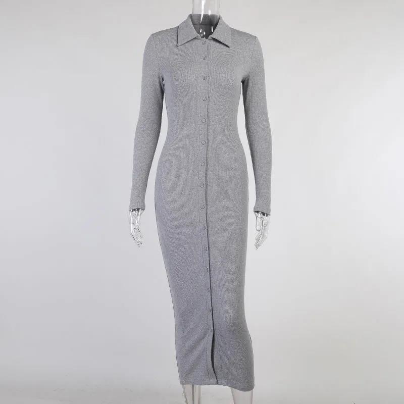 Women's Party Dress Button Knit Dress Autumn and Winter Slim Long-sleeved Long Skirt and Ankle V-neck Tight-fitting Sexy Dress Ladies Split Hem