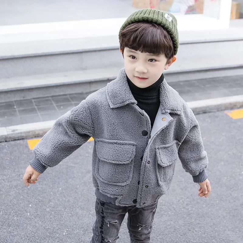 Boys Winter Lamb Wool Coat Plus Velvet Thickening Children's Handsome Trendy Clothes Baby Autumn and Winter Warm Jacket