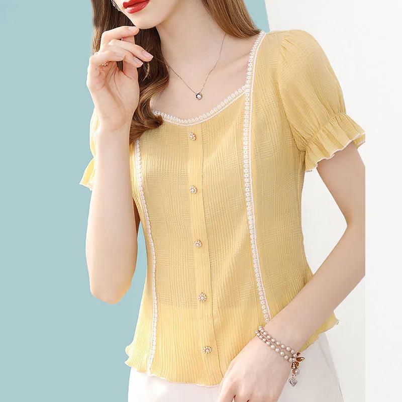 Women's Summer Square Neck Top Loose Chiffon Puff Sleeves
