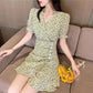 Women's Summer Floral Dress V-neck Slim Puff Sleeve Skirt