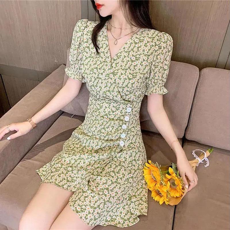 Women's Summer Floral Dress V-neck Slim Puff Sleeve Skirt