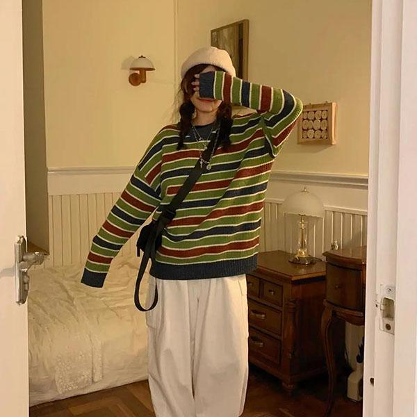 Autumn and Winter Retro Striped College Wind Round Neck Sweater Female Student Loose Mid-length Sweater Coat