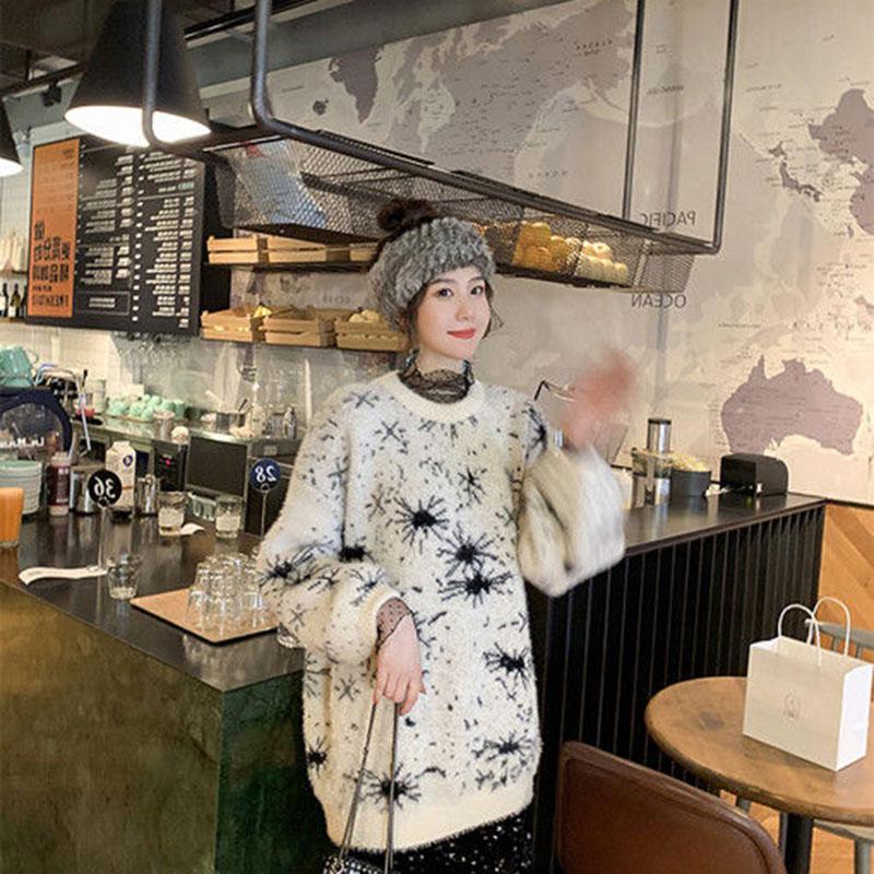 Autumn and Winter Fashion All-match Sweater Pullover Loose Shiny Silk Top Mid-length Snowflake Pattern Female Sweater