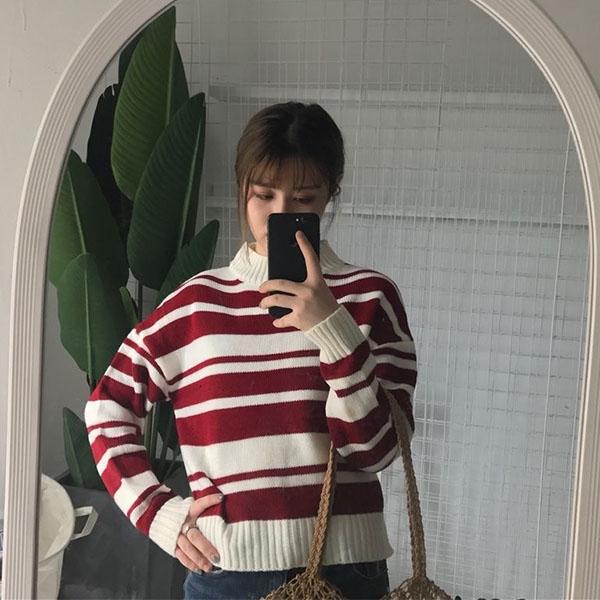 College Style Loose Striped Sweater Top Turtleneck Sweater Female Student Short