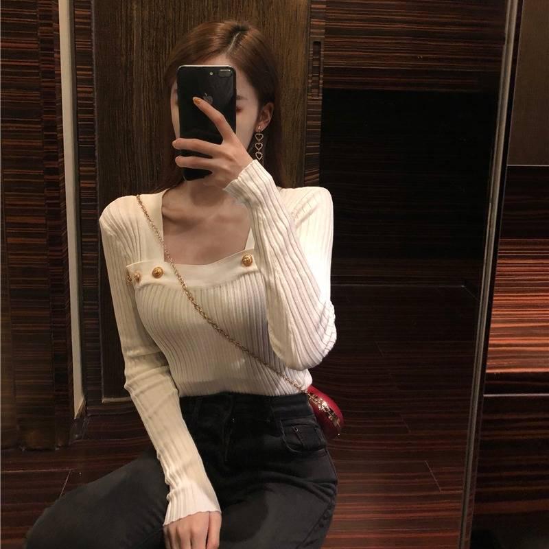 Vertical Stripe Bottoming Shirt Slim Square Collar Button Long Sleeve Knitted Sweater Women