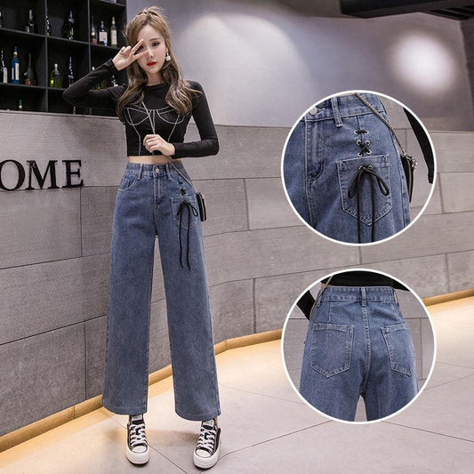 High-waisted Wide-leg Jeans Women's Loose Korean Style Students Slim  Thin All-match Straight Mopping Pants
