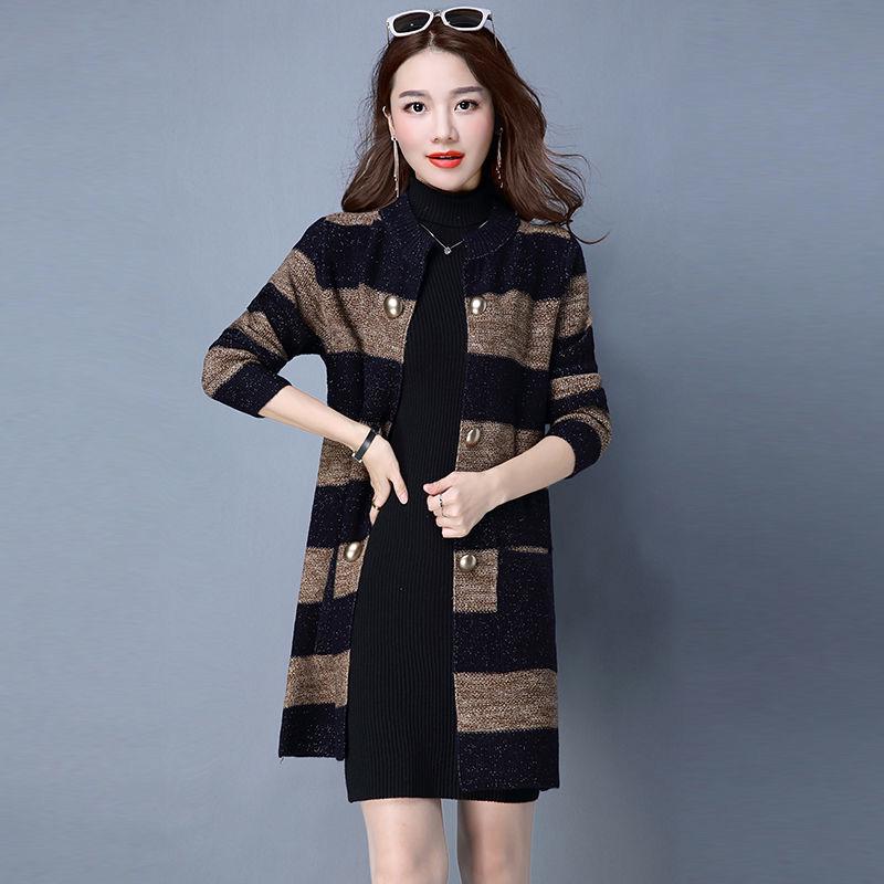 Autumn and Winter Casual Fashion Coat Mid-length Loose Pocket Sweater Long-sleeved Knitted Cardigan