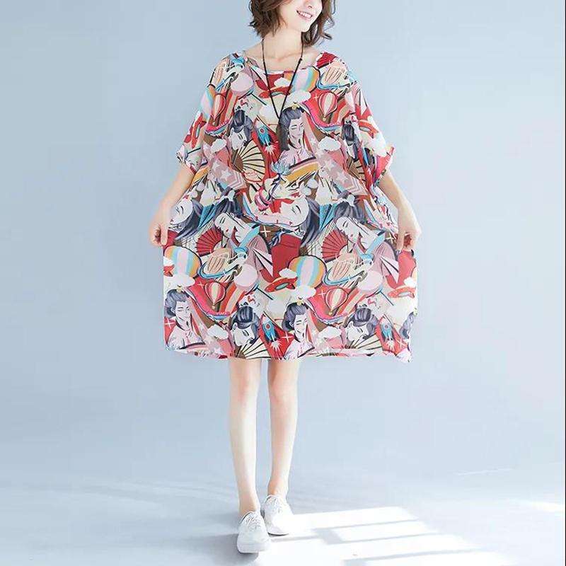 Large Size Women's Dress Loose and Thin Printing Retro Ethnic Style Women's Round Neck Short Sleeve Loose Mid-length Skirt Light and Breathable Fabric