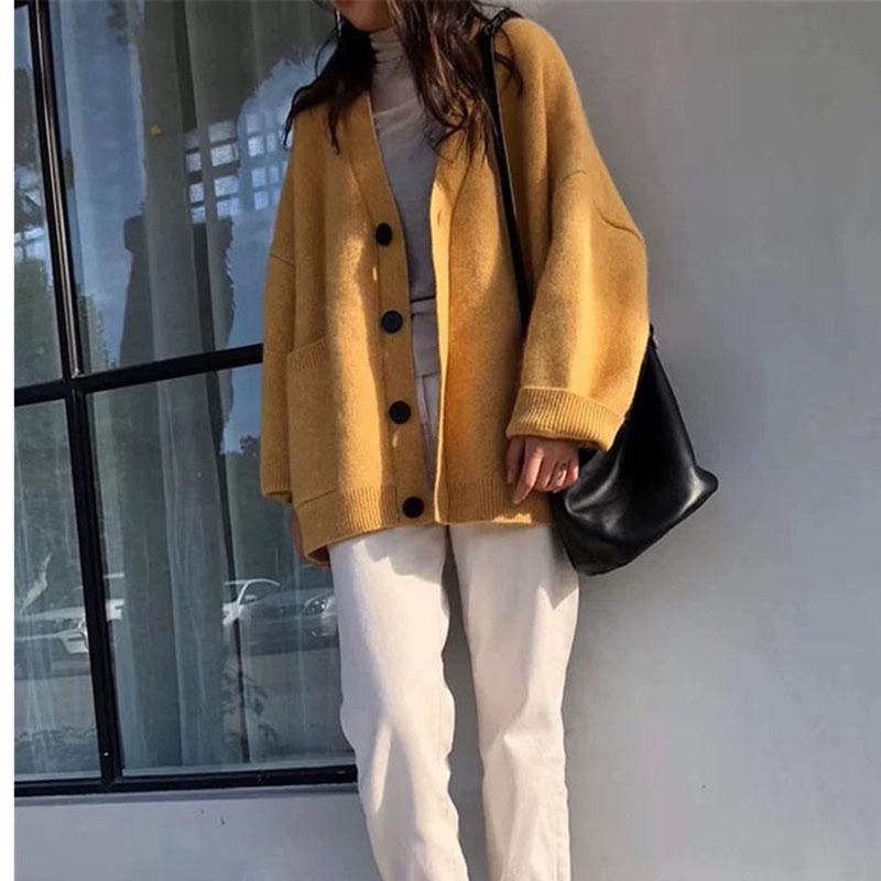 Women's Sweater Coat Loose V-neck Long-sleeved Cardigan Solid Color Sweater with Buttons