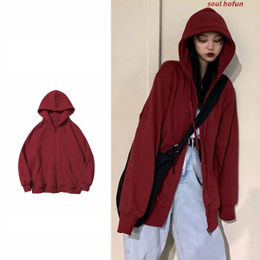Spring and Autumn Hooded Sweater Women's Loose Solid Color Top Ins Student Long-sleeved Cardigan Thin Coat