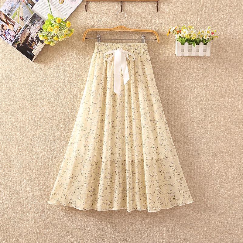 Summer High Waist Chiffon Women Midi Skirts Casual Floral Print Female Skirt Maxi Beach Skirt