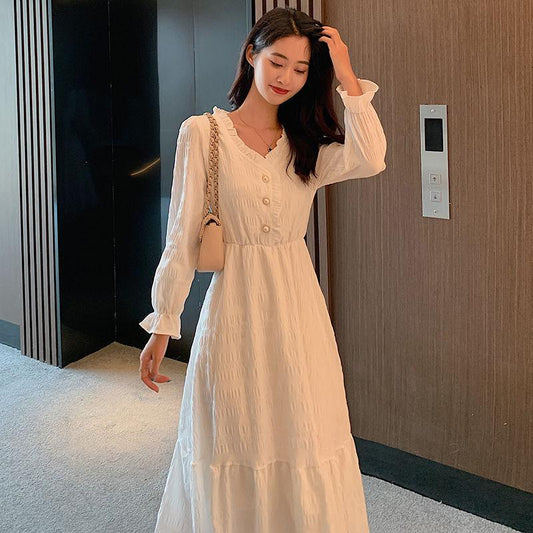 Hepburn Style French White Skirt Long-sleeved Dress Female Waist Was Thin and Temperament Mid-length Fairy Skirt