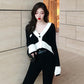 Spring and Autumn Short Knitted Cardigan Black and White Color Matching Fashion Top V-neck Long-sleeved Sweater