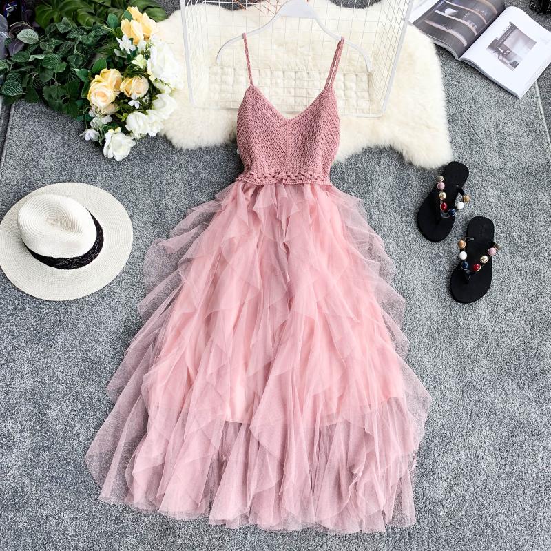 Women  Sleeveless Knitted Dress Summer Lace Party Dress Casual Sling Beach Dress