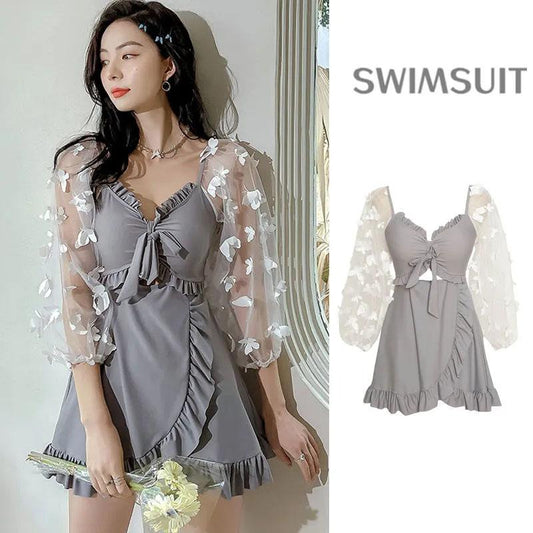 Lace Mesh Sleeve Swimsuit Women's One-Piece V-Neck Pleated Irregular Hem Beachwear Summer Sunscreen Cover Belly Slim One Piece Large Size Swimwear