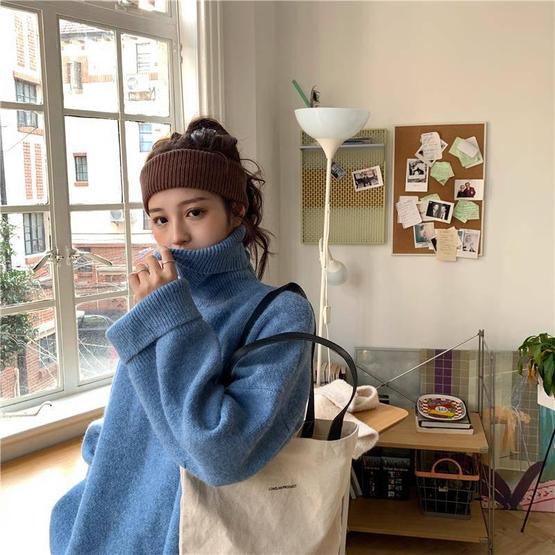 Winter Thick Turtleneck Wild Sweater Women Loose Pullover Split Solid Color Knitted Sweater