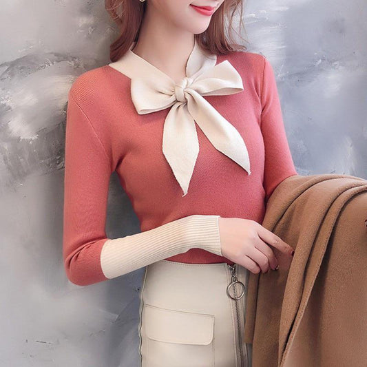 Winter Knitwear Bow V-Neck Bottoming Shirt Simple Color Pullover Jumper Long Sleeve Sweater
