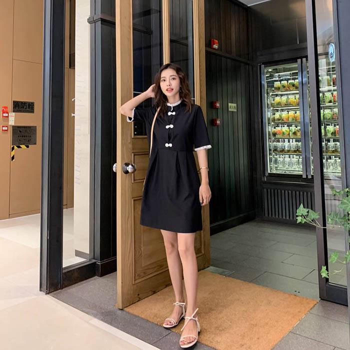 Pofulove Women Chinese O-neck Bow Dress Slim Short Sleeve Short Dress Stand Collar Black Dress