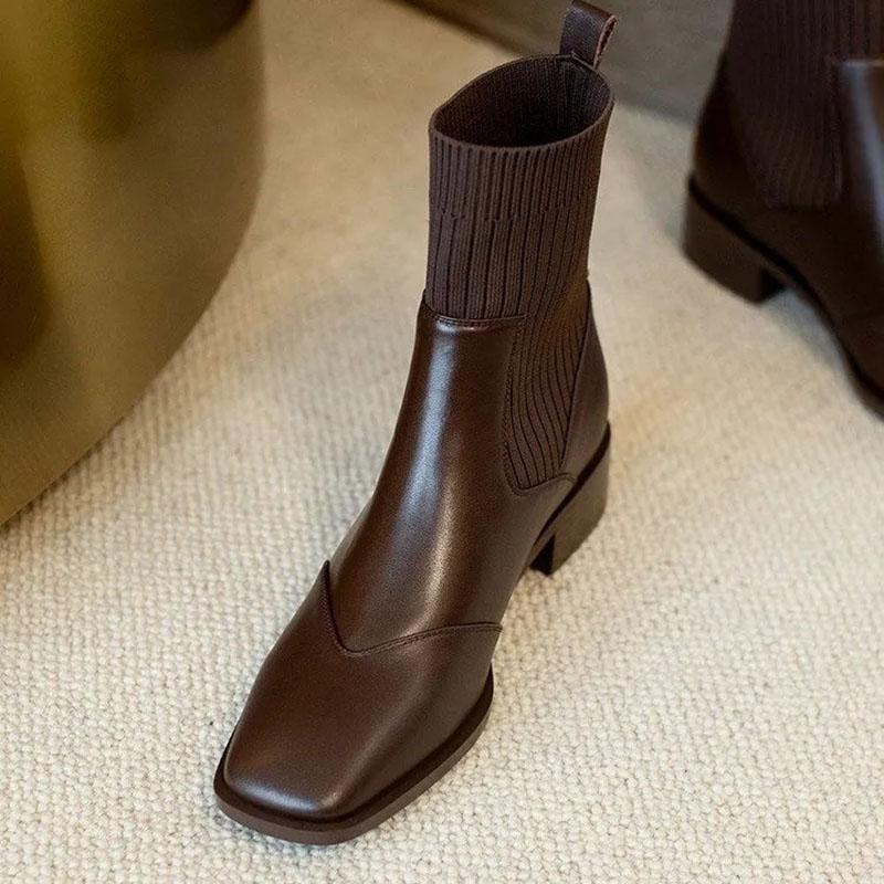 Chelsea Boots Flat Short Boots Autumn and Winter British Style Winter Boots Thick Heel Knitted Stretch Martin Boots Women