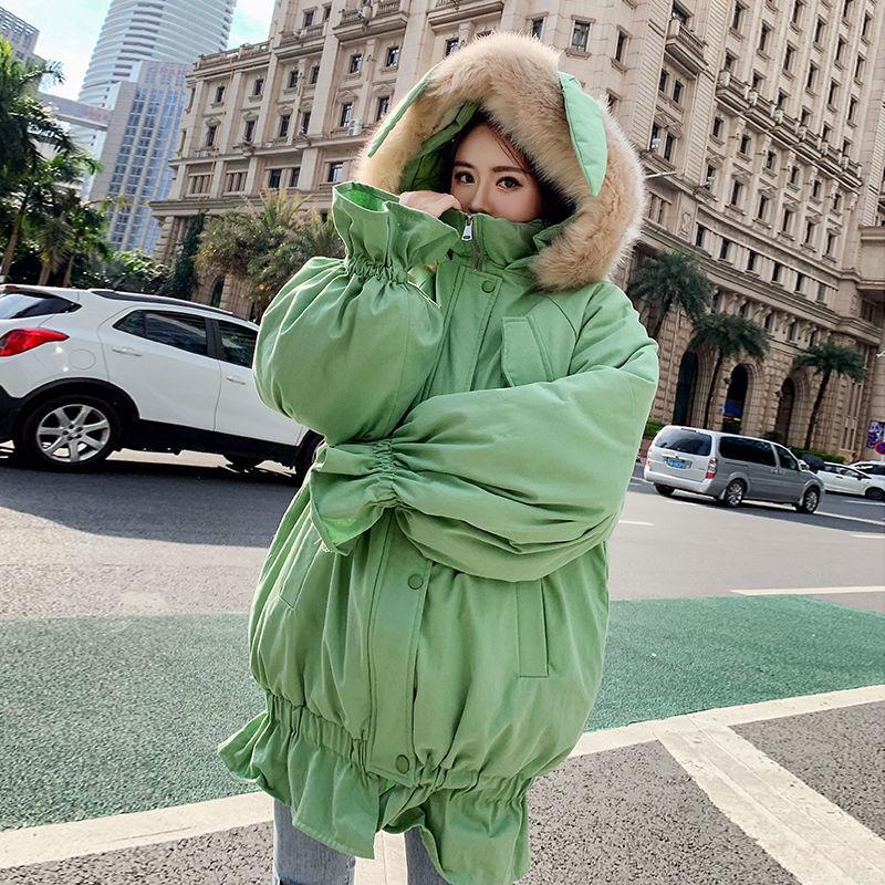 Winter Ruffled Thickened Women's Cotton-padded Jacket Mid-length Fur Collar Hooded Cute Rabbit Ears Cotton-padded Jacket Fashion Warmth Parka Coat