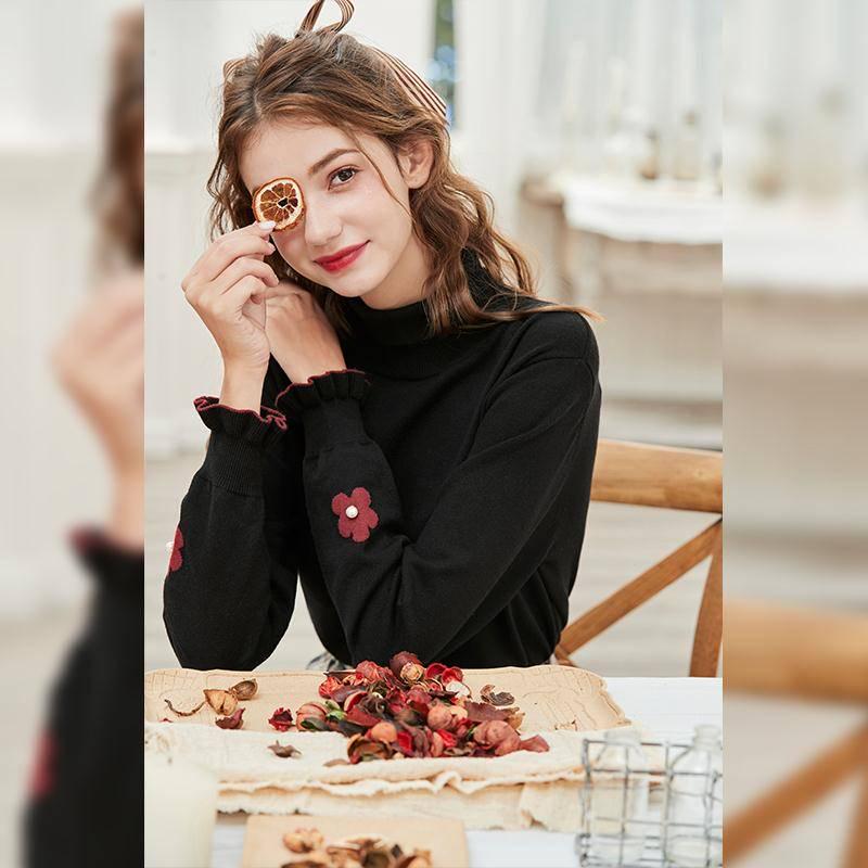 Pofulove Base Sweater Turtleneck Autumn and Winter Sweet Embroidery Long-sleeved Pullover Sweater