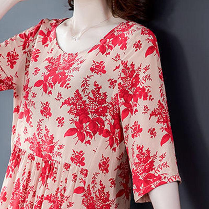 Women's  A-line Skirt Plus Size Loose Long Printed Dress Slim Round Neck Dress